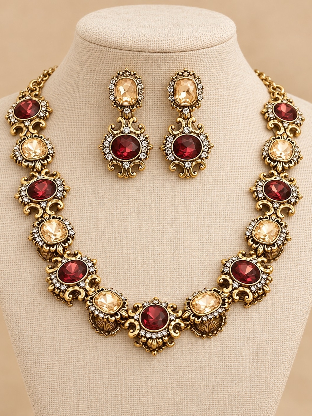 Vintage-Inspired Gold Necklace & Earrings Set with Light & Dark Champagne Stones